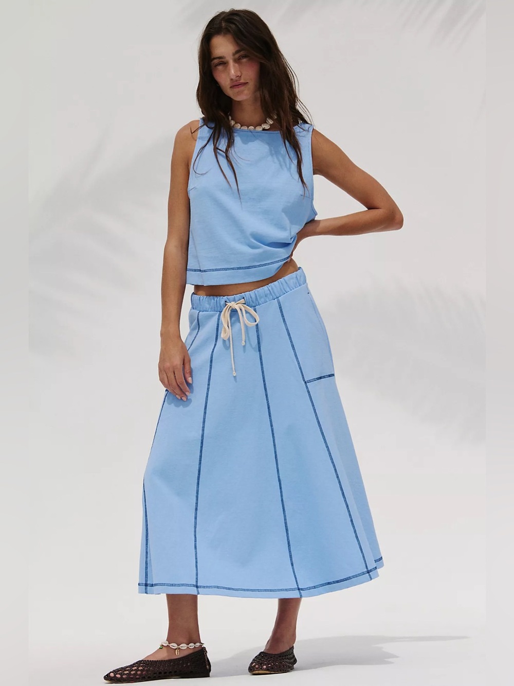 Free People Est Strada Midi Skirt in Blue Vista XS NWOT